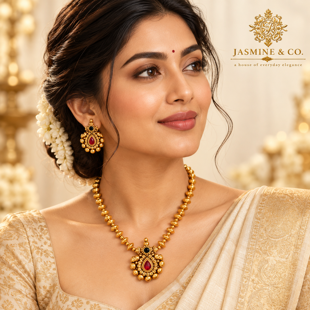 Ruby Teardrop Gold Bead Temple Necklace Set — image 3