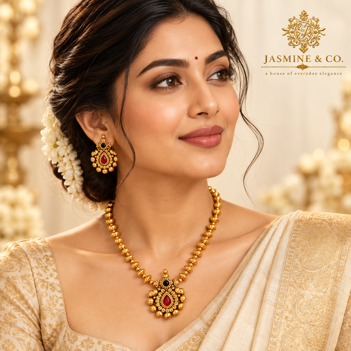 Ruby Teardrop Gold Bead Temple Necklace Set — image 3