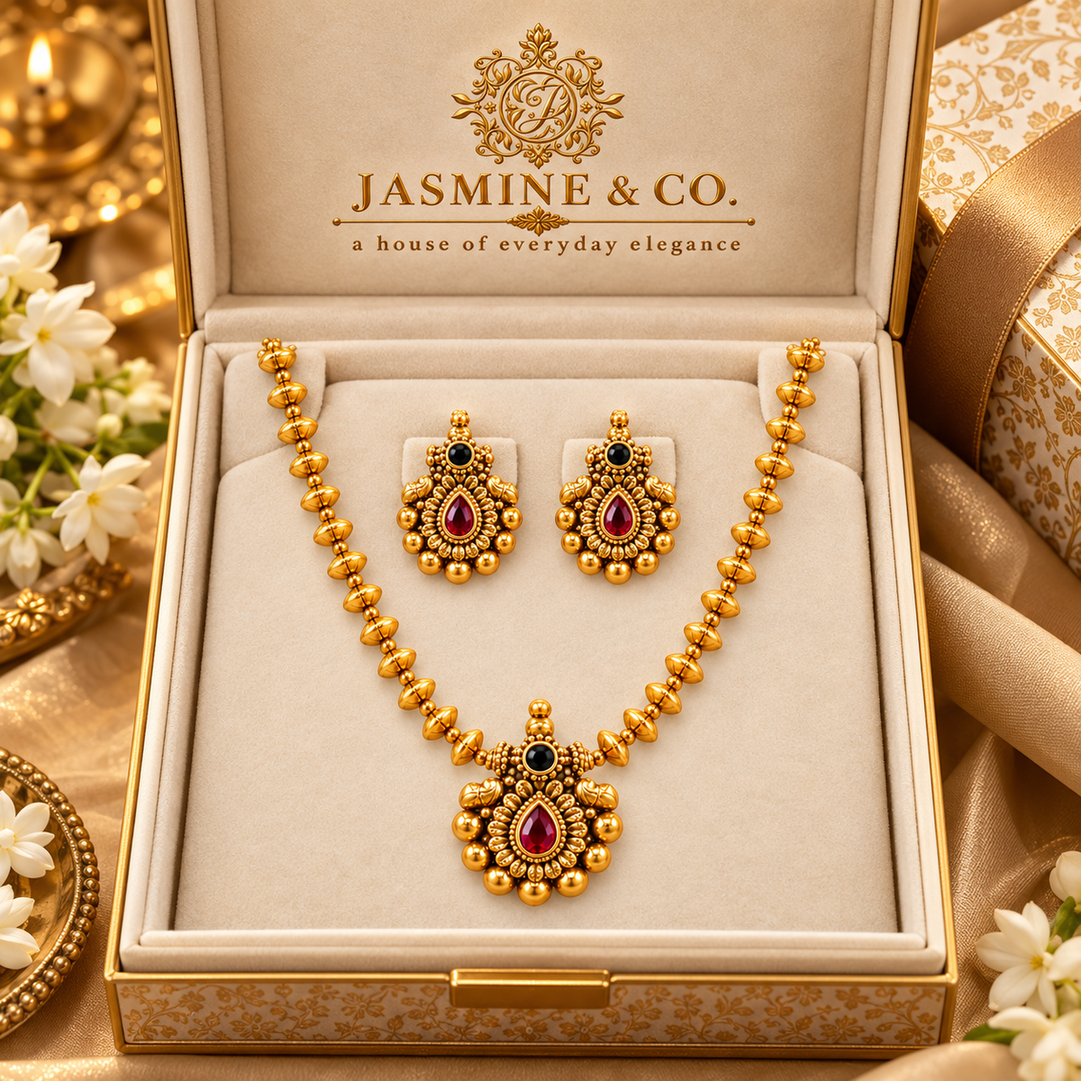 Ruby Teardrop Gold Bead Temple Necklace Set — image 4