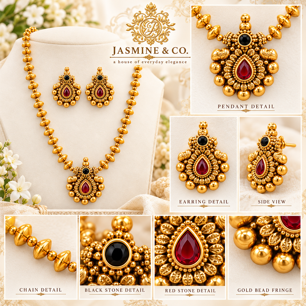 Ruby Teardrop Gold Bead Temple Necklace Set — image 5