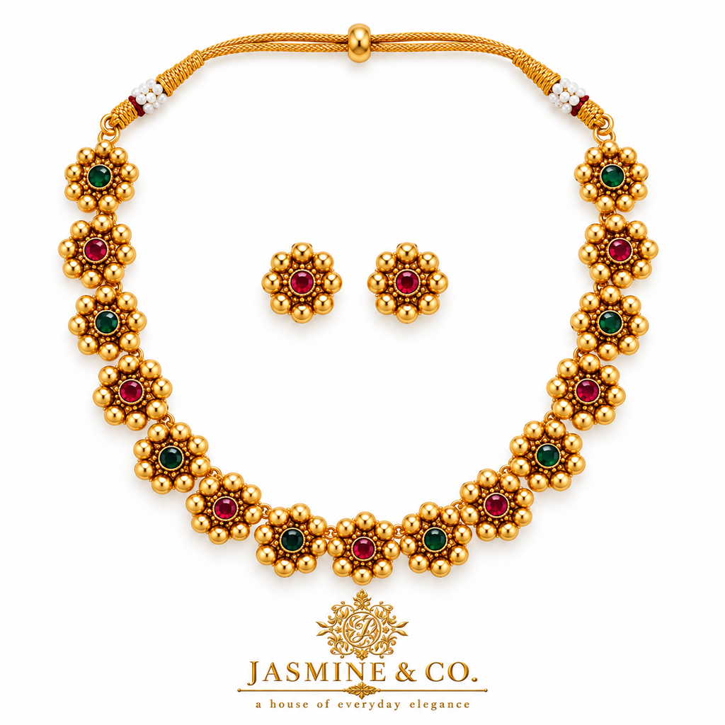 Emerald & Ruby Floral Gold Plated Necklace Set — image 1