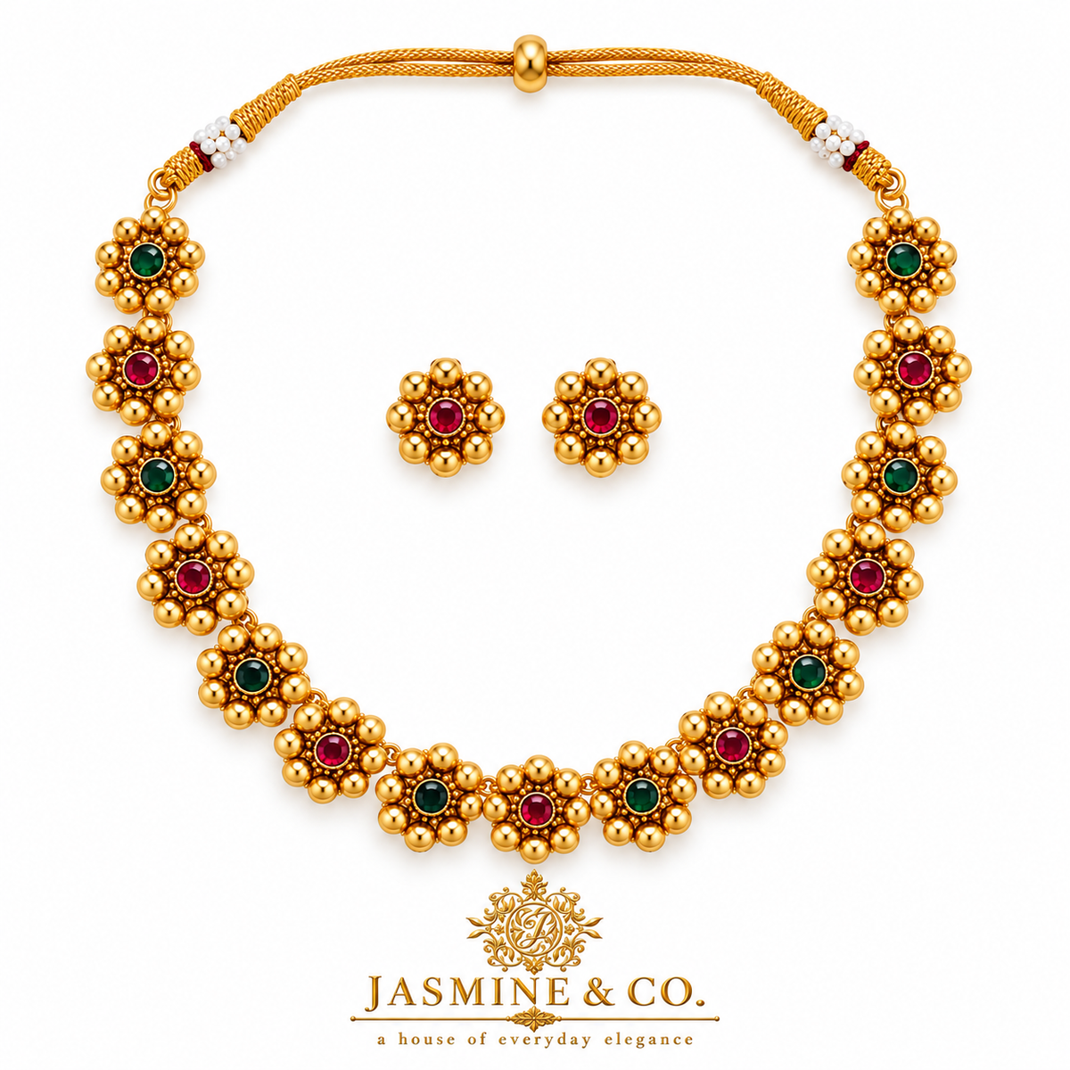 Emerald & Ruby Floral Gold Plated Necklace Set — image 1