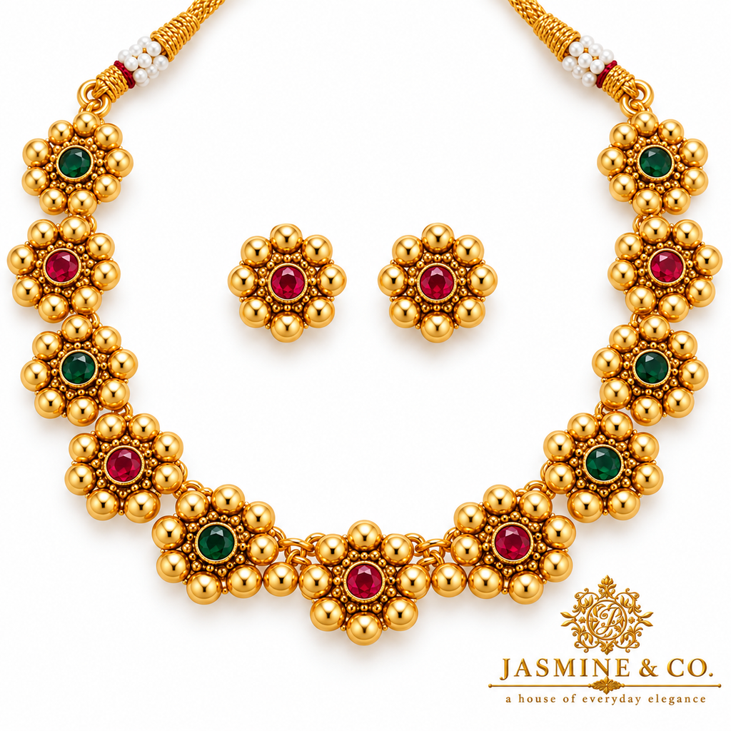 Emerald & Ruby Floral Gold Plated Necklace Set — image 2