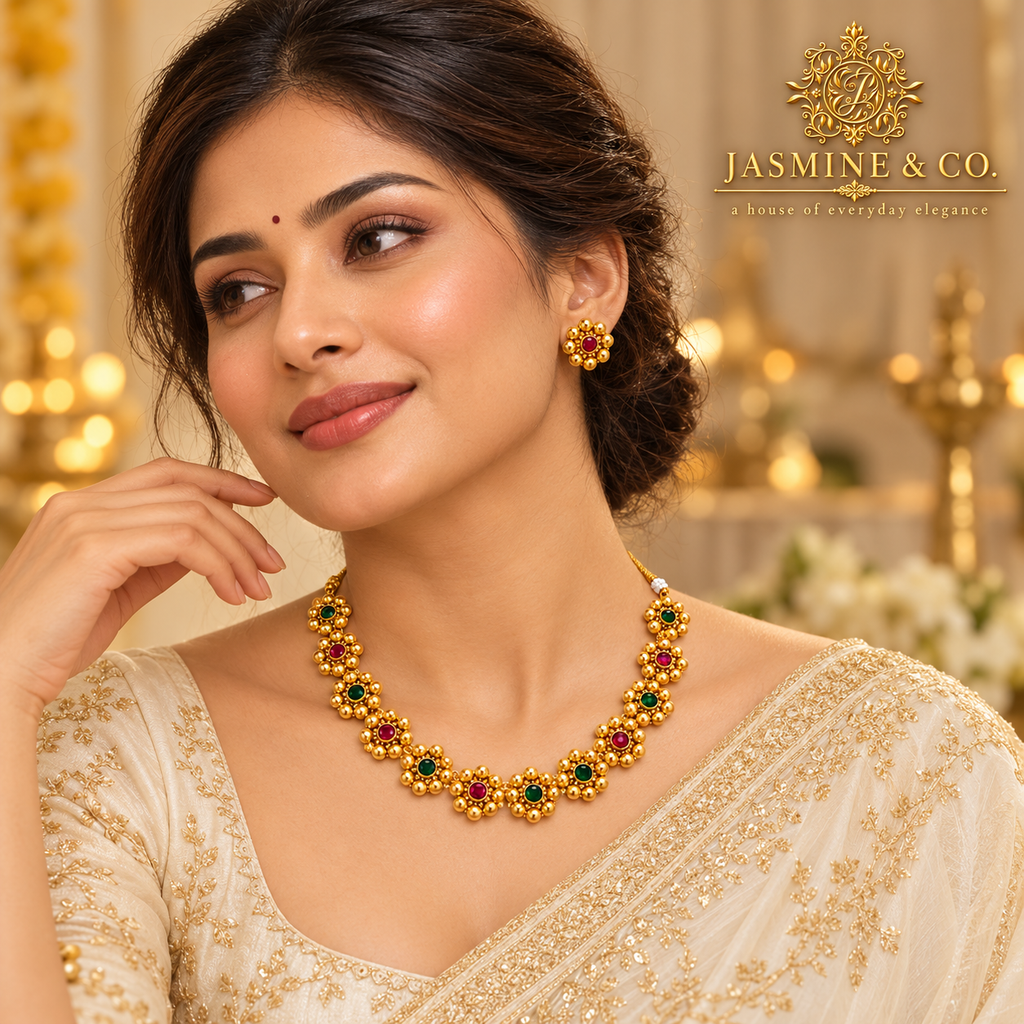 Emerald & Ruby Floral Gold Plated Necklace Set — image 3