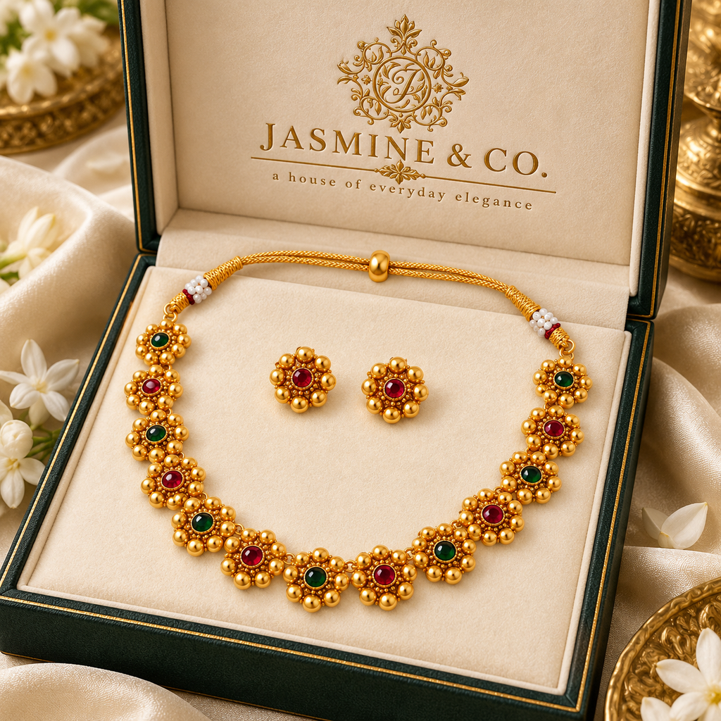Emerald & Ruby Floral Gold Plated Necklace Set — image 4