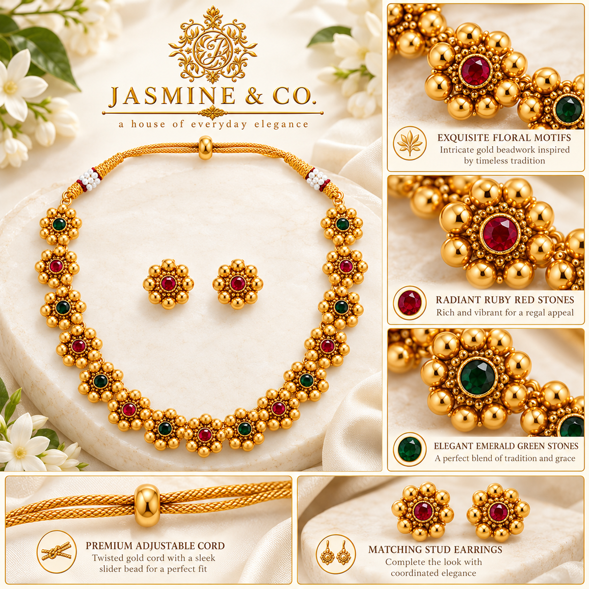 Emerald & Ruby Floral Gold Plated Necklace Set — image 5