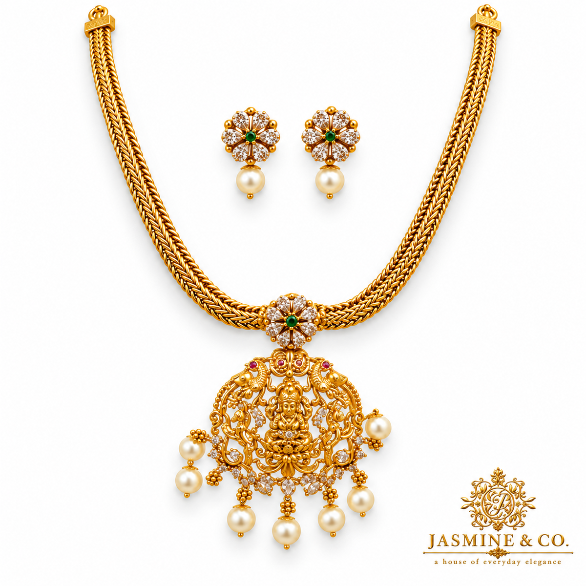 Lakshmi Temple Pendant Gold Plated Necklace Set — gallery image 1