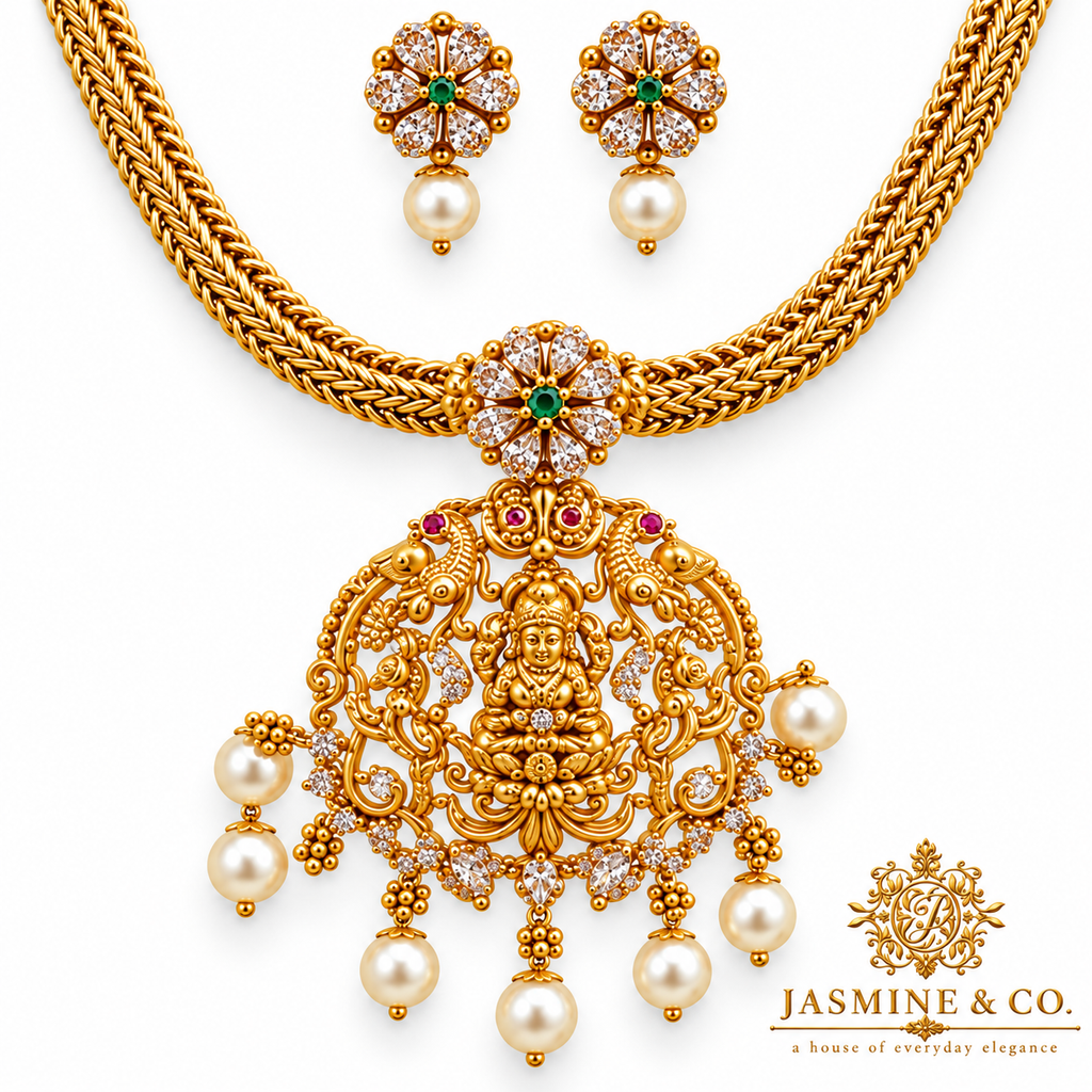 Lakshmi Temple Pendant Gold Plated Necklace Set — gallery image 2