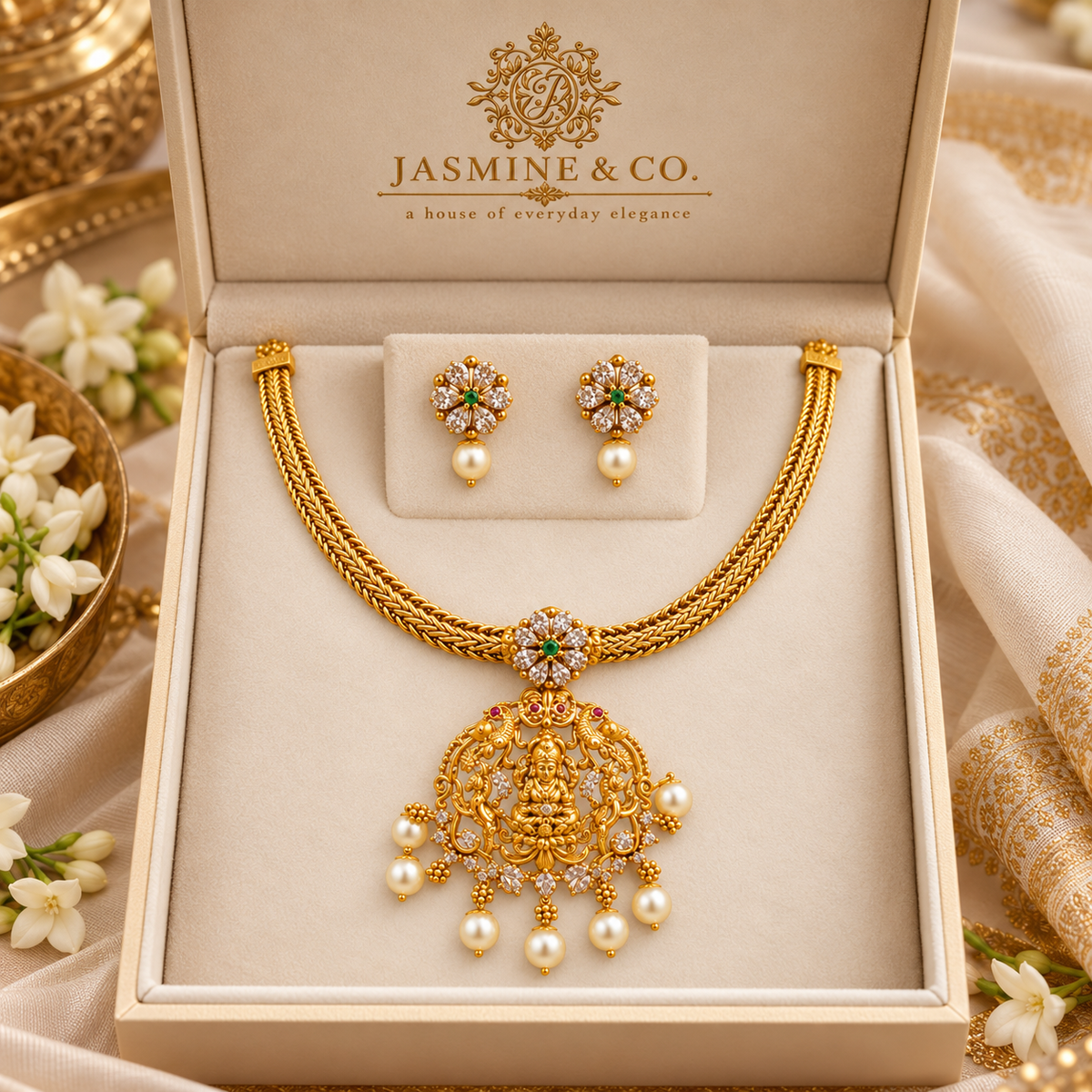 Lakshmi Temple Pendant Gold Plated Necklace Set — gallery image 3