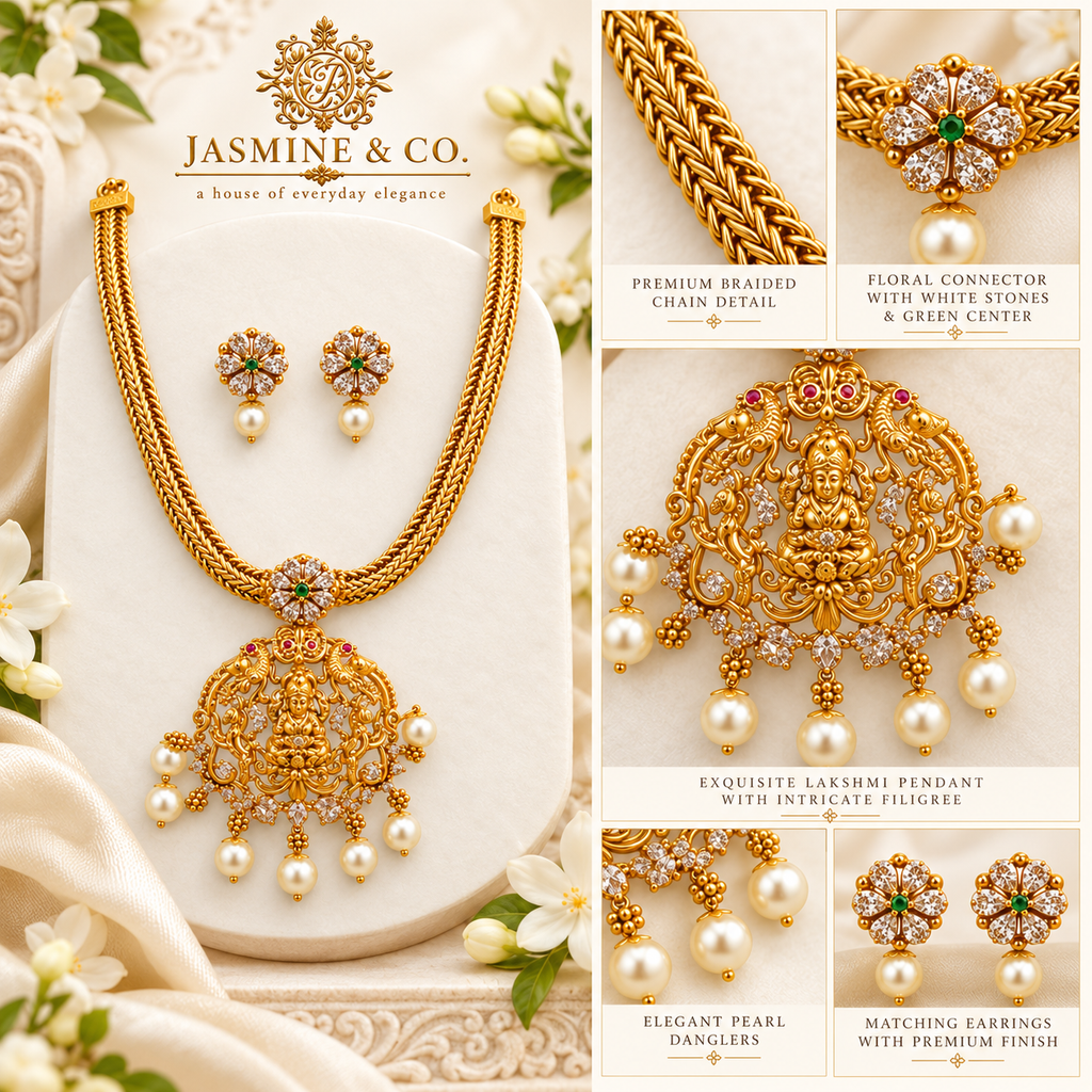 Lakshmi Temple Pendant Gold Plated Necklace Set — gallery image 4