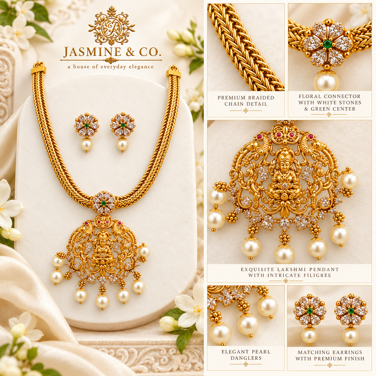 Lakshmi Temple Pendant Gold Plated Necklace Set — gallery image 4