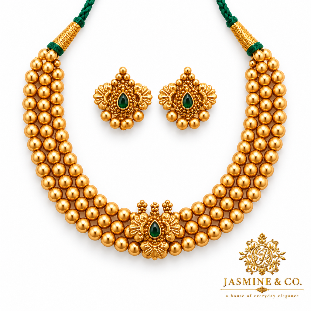 Emerald Green Triple-Strand Gold Bead Necklace Set — gallery image 1
