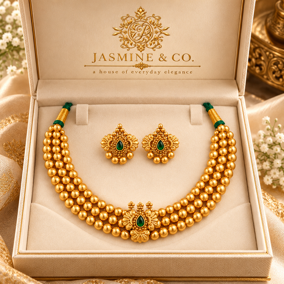 Emerald Green Triple-Strand Gold Bead Necklace Set — gallery image 4