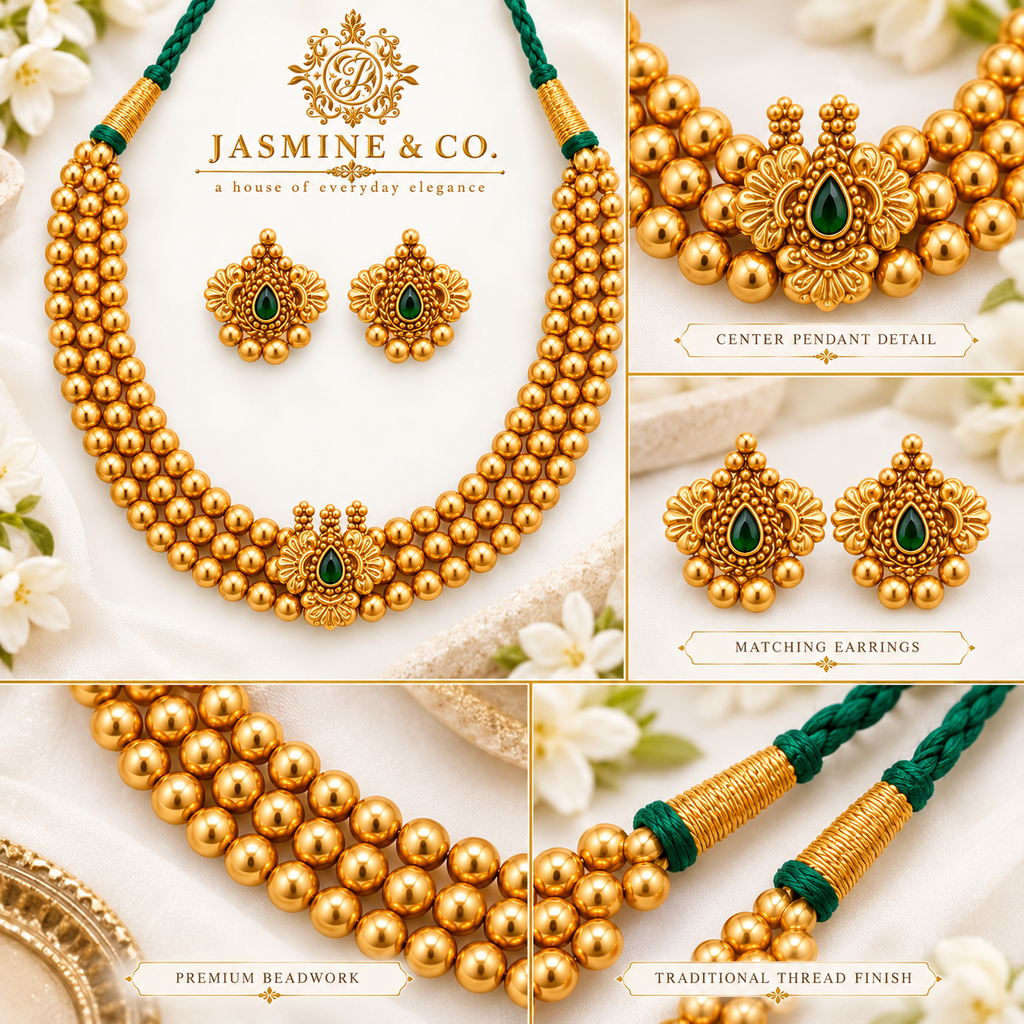 Emerald Green Triple-Strand Gold Bead Necklace Set — gallery image 5