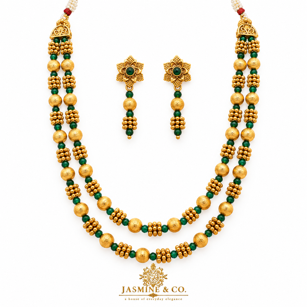 Emerald Green & Gold Double-Layer Beaded Necklace Set — gallery image 1