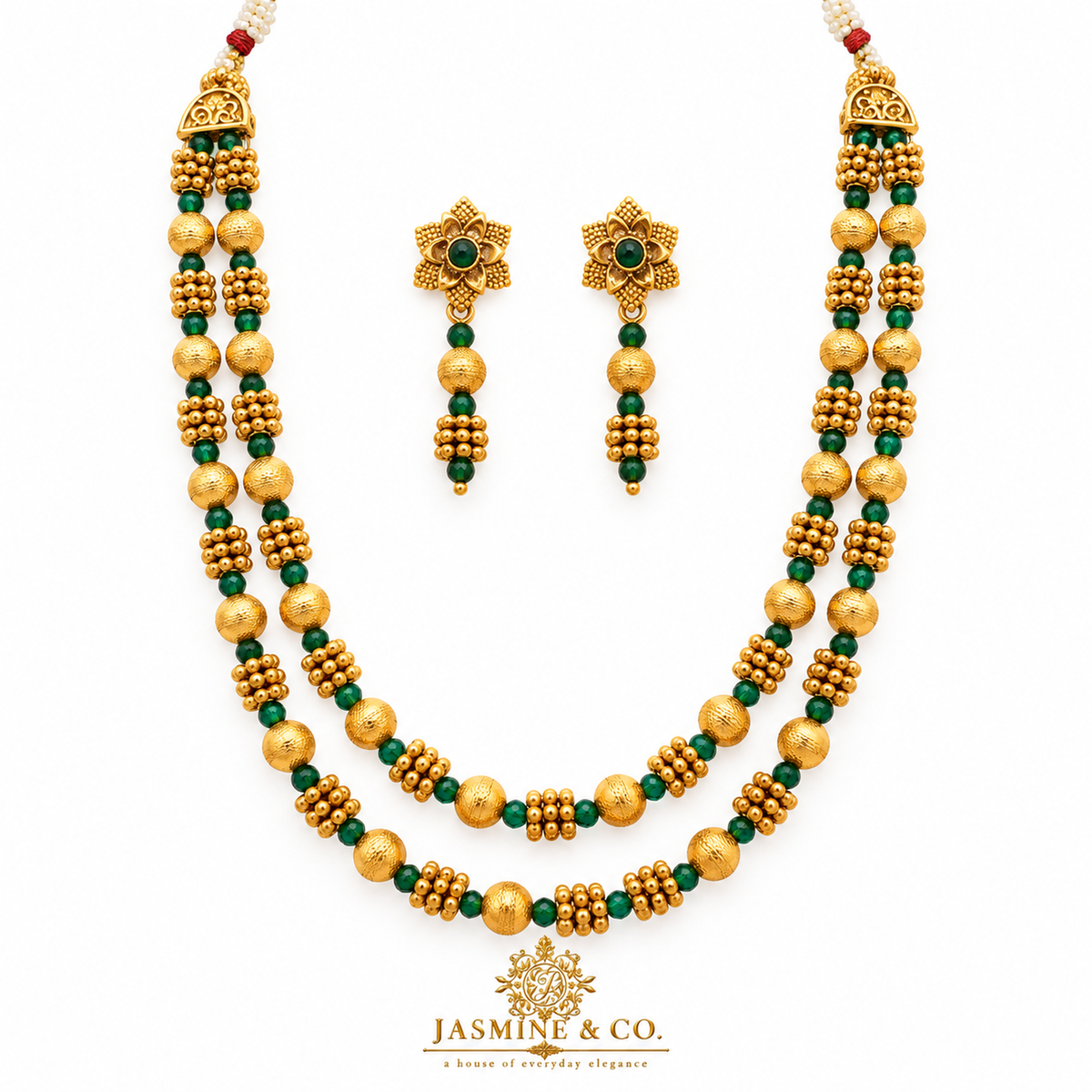 Emerald Green & Gold Double-Layer Beaded Necklace Set — gallery image 1