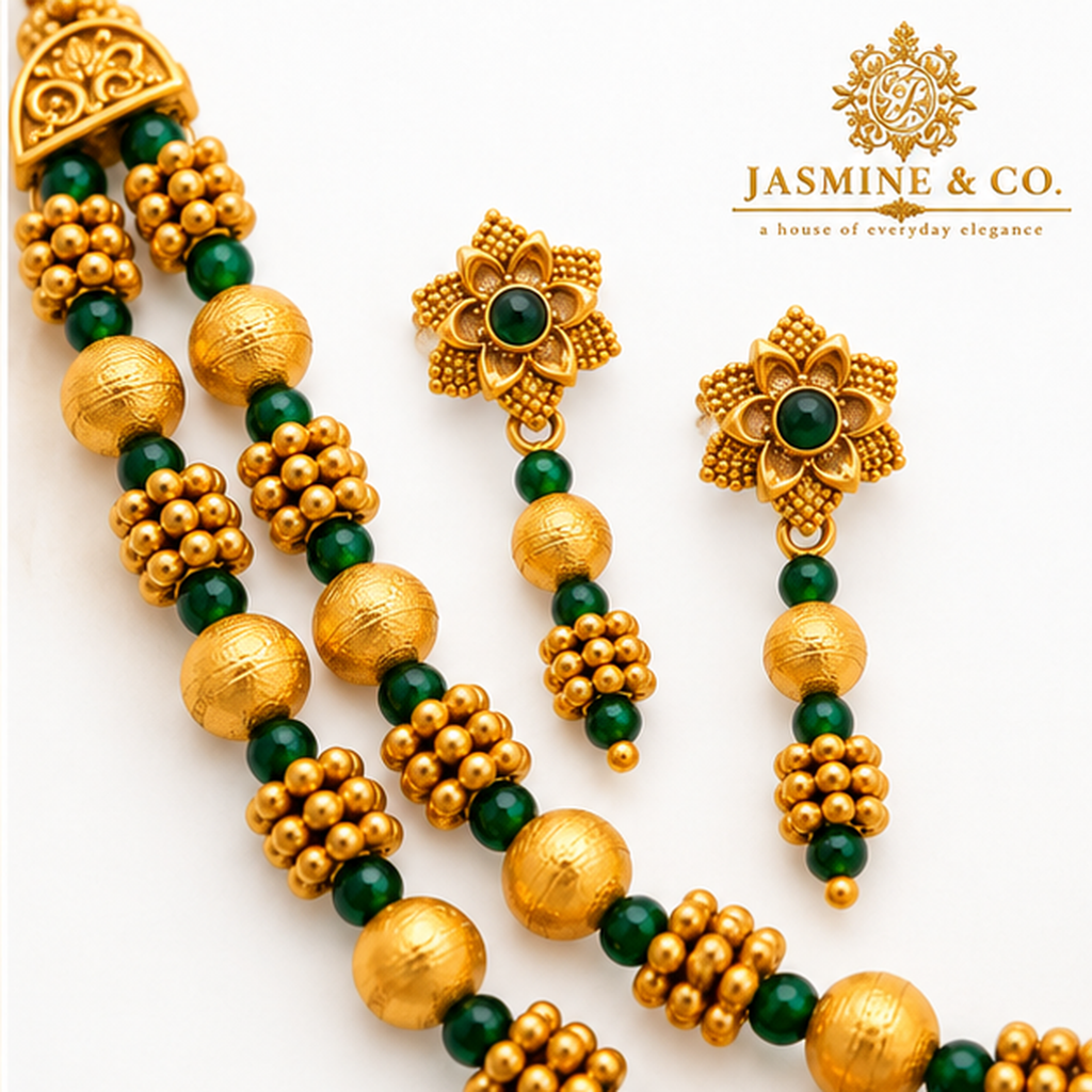 Emerald Green & Gold Double-Layer Beaded Necklace Set — gallery image 2