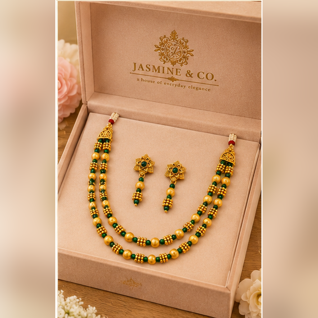 Emerald Green & Gold Double-Layer Beaded Necklace Set — gallery image 4