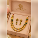 Emerald Green & Gold Double-Layer Beaded Necklace Set — gallery image 4
