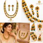 Emerald Green & Gold Double-Layer Beaded Necklace Set — gallery image 5