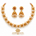 Pearl Cluster Gold Necklace with Ruby Jhumka Earrings — gallery image 1