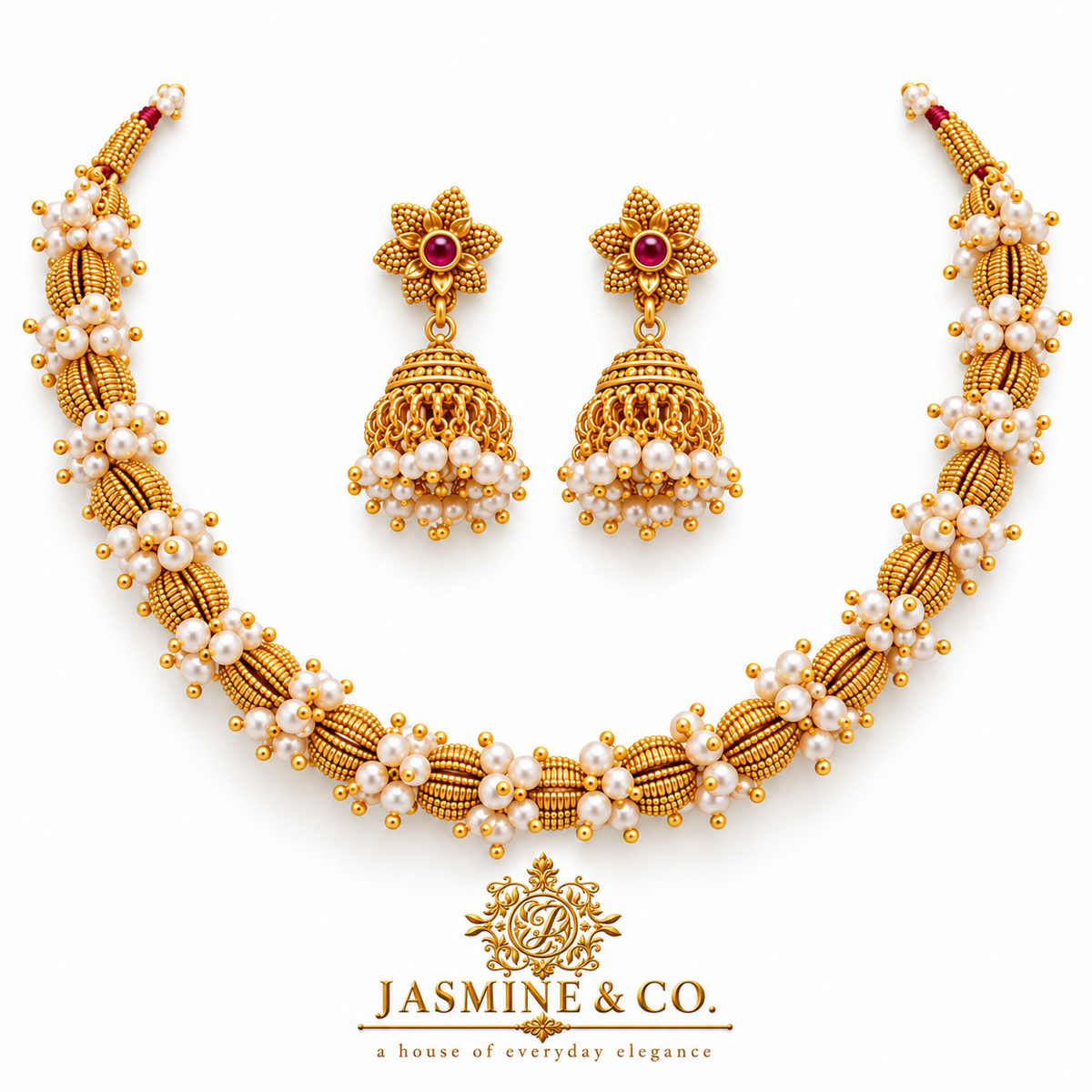 Pearl Cluster Gold Necklace with Ruby Jhumka Earrings — gallery image 1