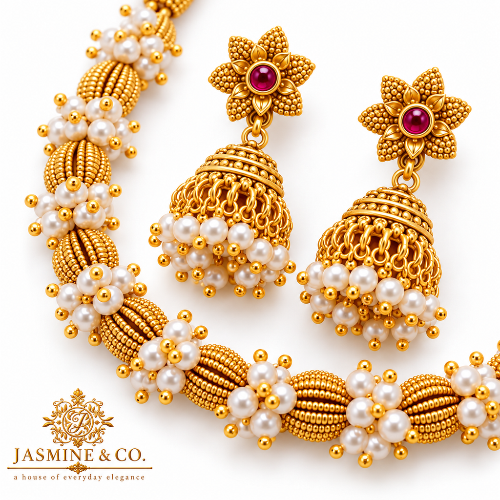 Pearl Cluster Gold Necklace with Ruby Jhumka Earrings — gallery image 2