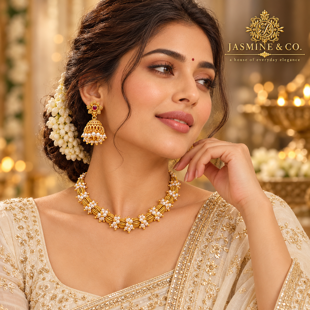 Pearl Cluster Gold Necklace with Ruby Jhumka Earrings — gallery image 3
