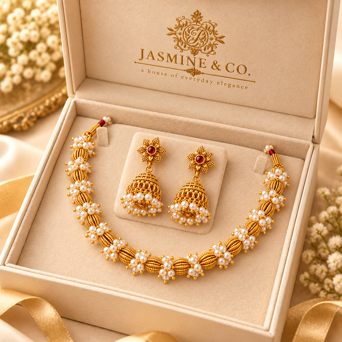 Pearl Cluster Gold Necklace with Ruby Jhumka Earrings — gallery image 4