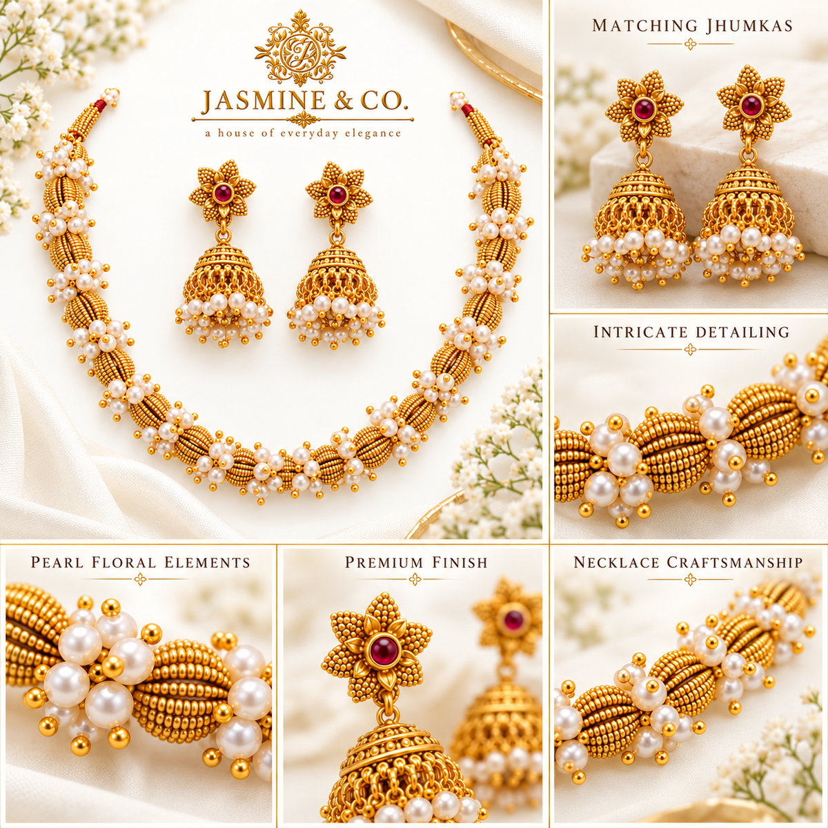Pearl Cluster Gold Necklace with Ruby Jhumka Earrings — gallery image 5