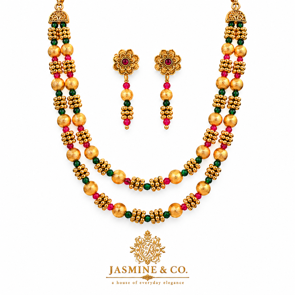 Ruby & Emerald Double-Strand Gold Beaded Necklace Set — gallery image 1