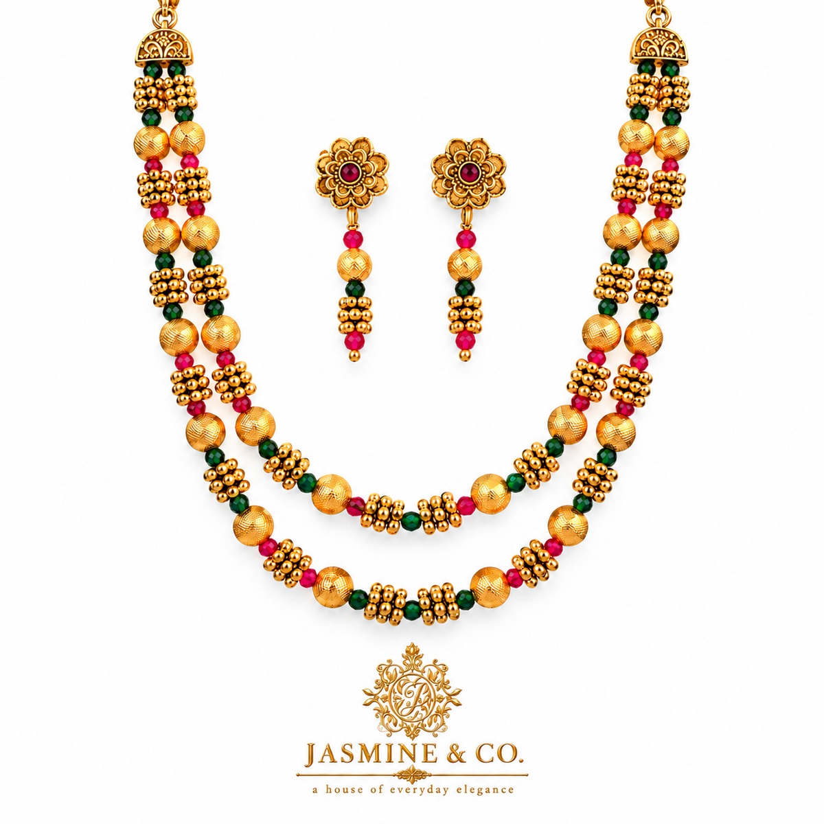 Ruby & Emerald Double-Strand Gold Beaded Necklace Set — gallery image 1