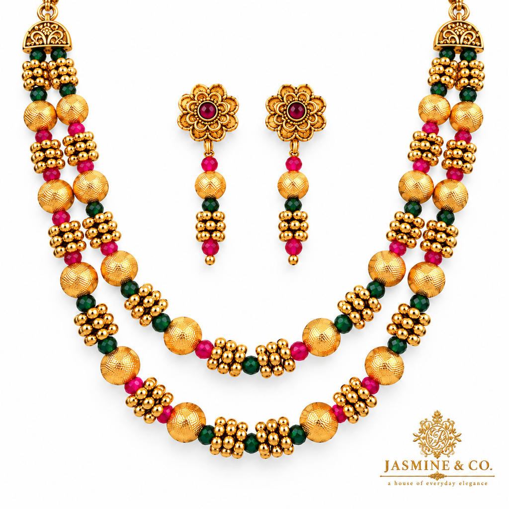 Ruby & Emerald Double-Strand Gold Beaded Necklace Set — gallery image 2