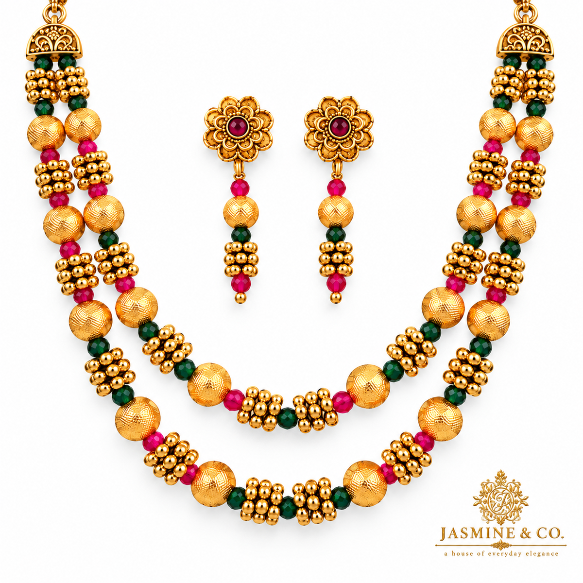 Ruby & Emerald Double-Strand Gold Beaded Necklace Set — gallery image 2
