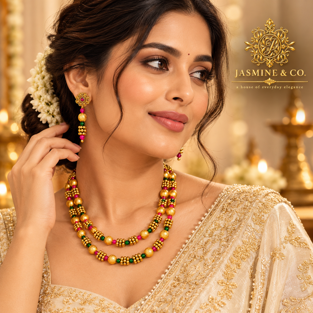Ruby & Emerald Double-Strand Gold Beaded Necklace Set — gallery image 3