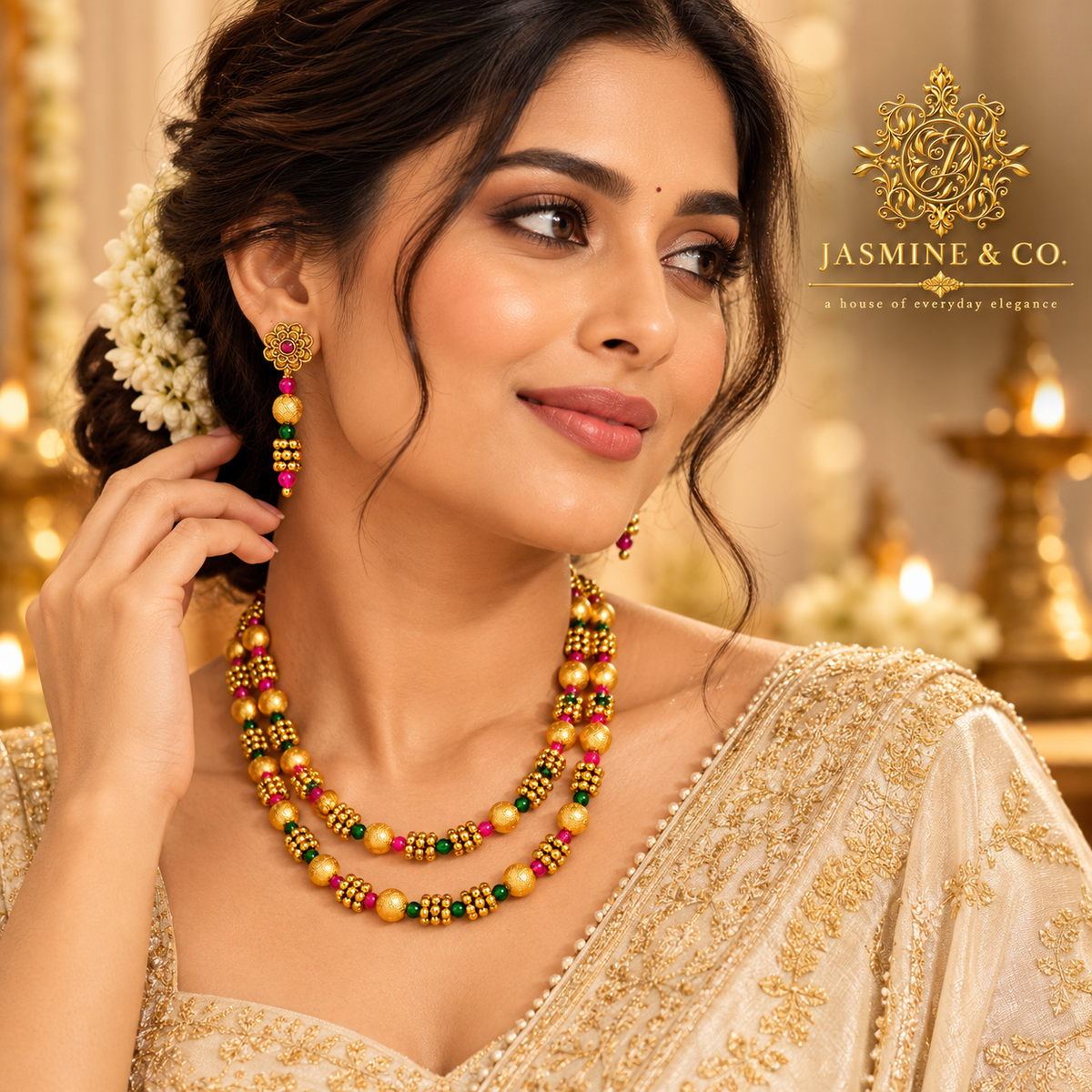 Ruby & Emerald Double-Strand Gold Beaded Necklace Set — gallery image 3