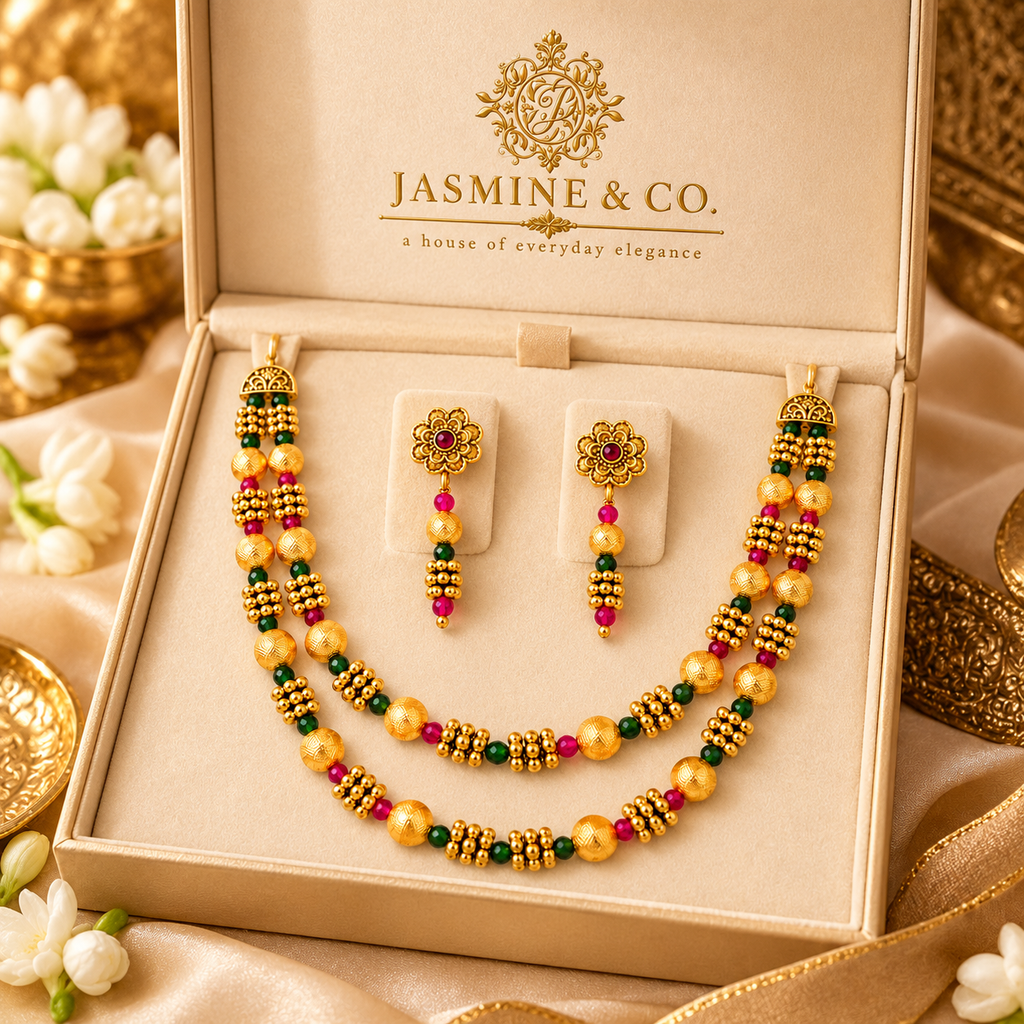 Ruby & Emerald Double-Strand Gold Beaded Necklace Set — gallery image 4