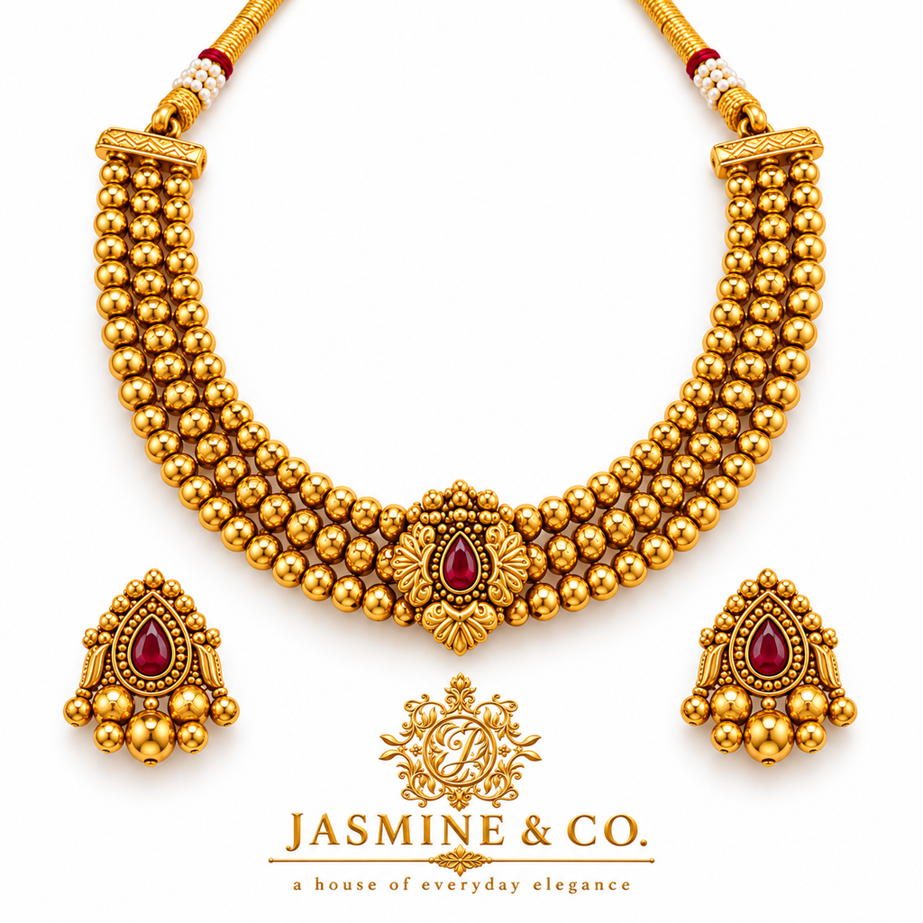 Ruby Teardrop Triple-Strand Gold Bead Necklace Set — gallery image 1