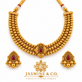 Ruby Teardrop Triple-Strand Gold Bead Necklace Set — gallery image 1