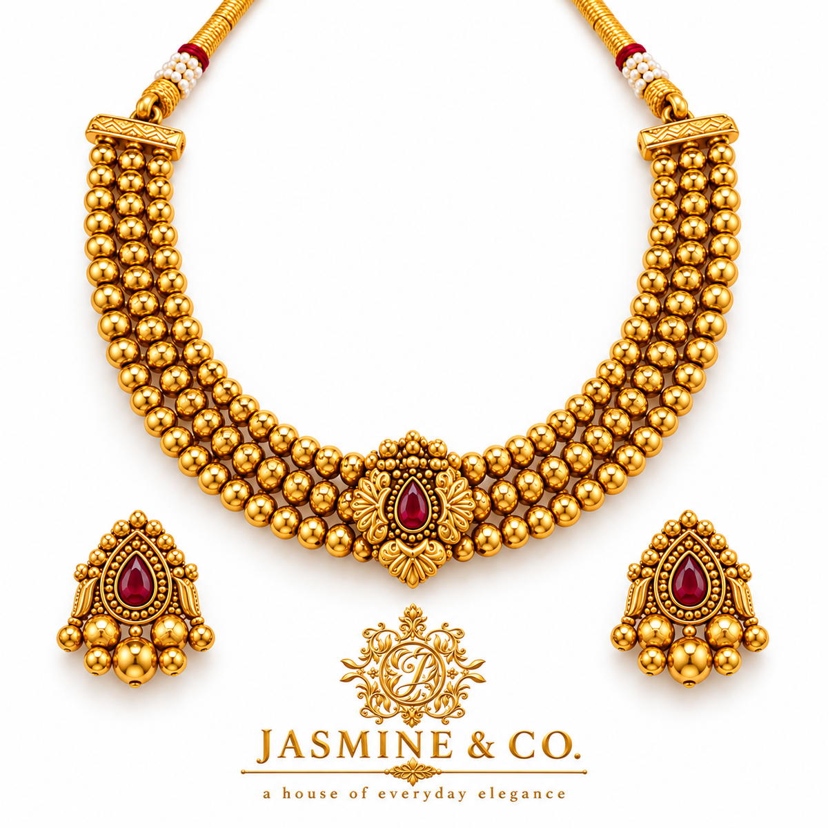Ruby Teardrop Triple-Strand Gold Bead Necklace Set — gallery image 1
