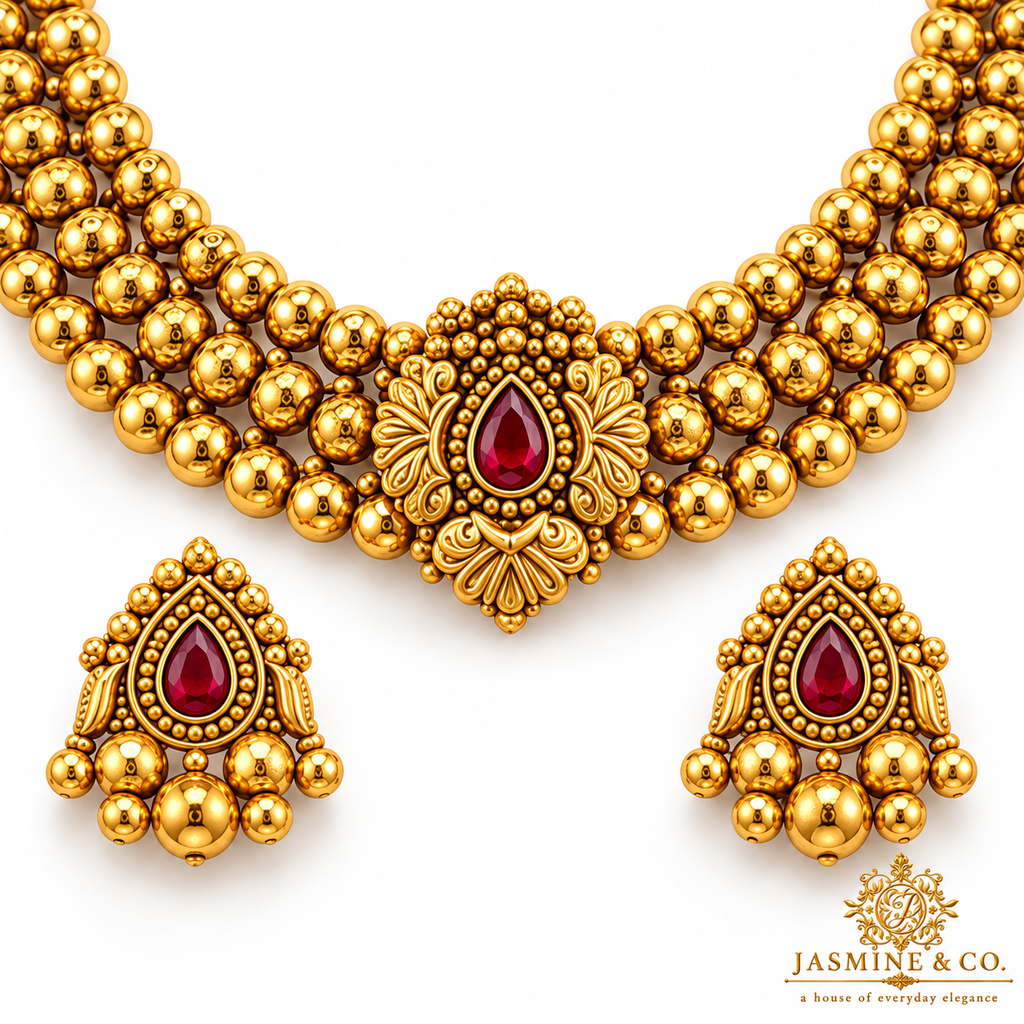Ruby Teardrop Triple-Strand Gold Bead Necklace Set — gallery image 2