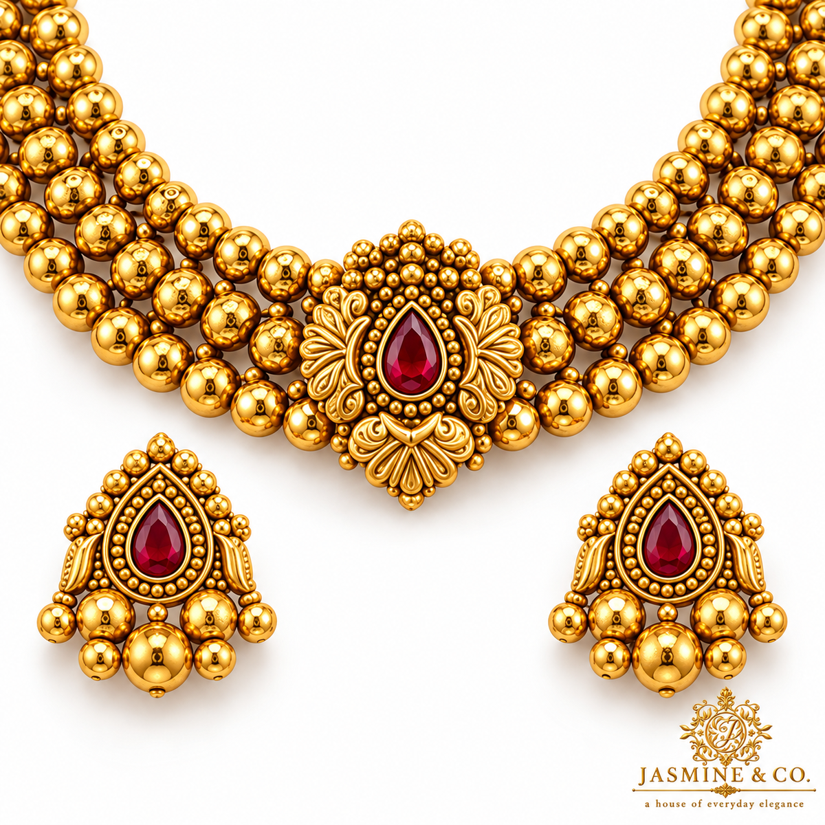 Ruby Teardrop Triple-Strand Gold Bead Necklace Set — gallery image 2