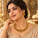 Ruby Teardrop Triple-Strand Gold Bead Necklace Set — gallery image 3