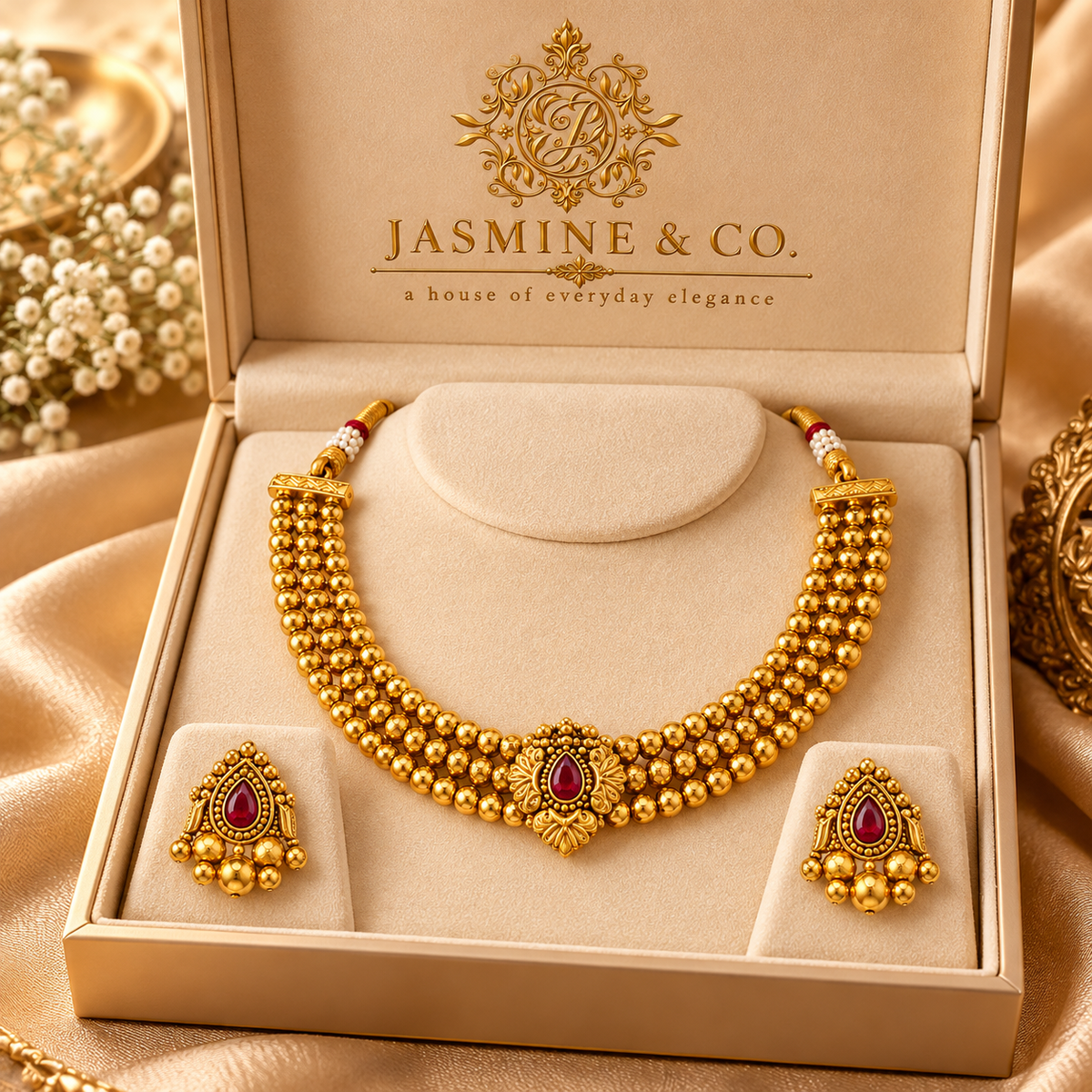 Ruby Teardrop Triple-Strand Gold Bead Necklace Set — gallery image 4