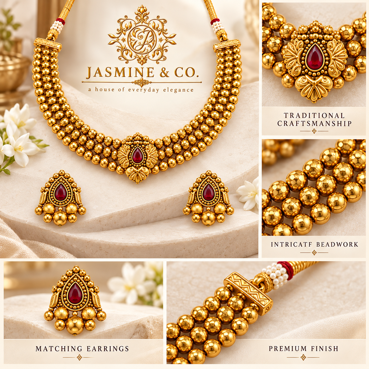 Ruby Teardrop Triple-Strand Gold Bead Necklace Set — gallery image 5