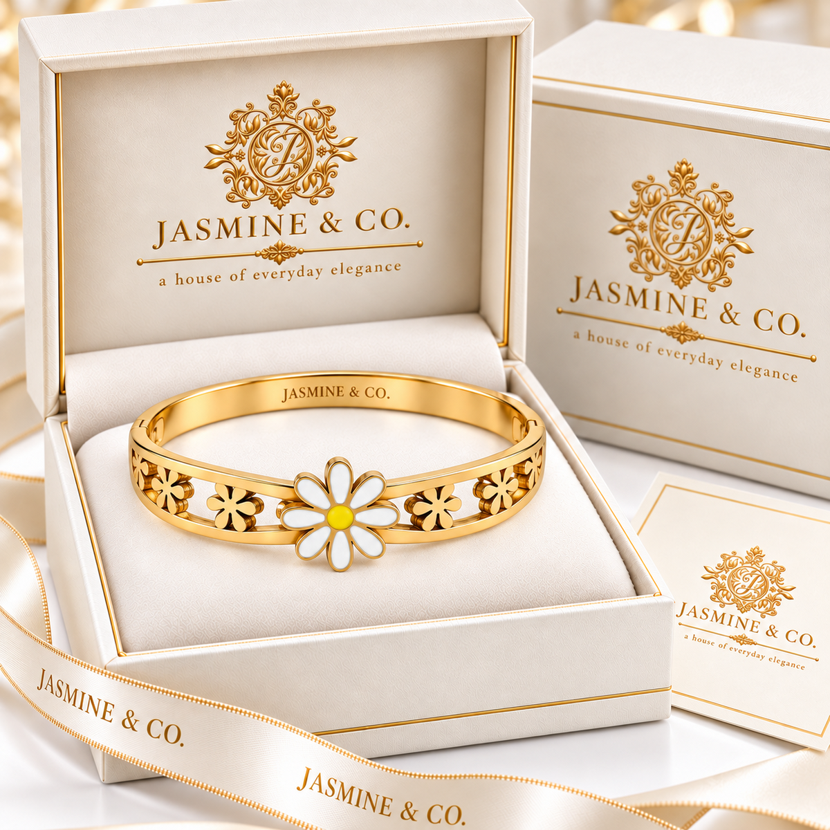 White daisy floral gold-plated bracelet – gift box packaging