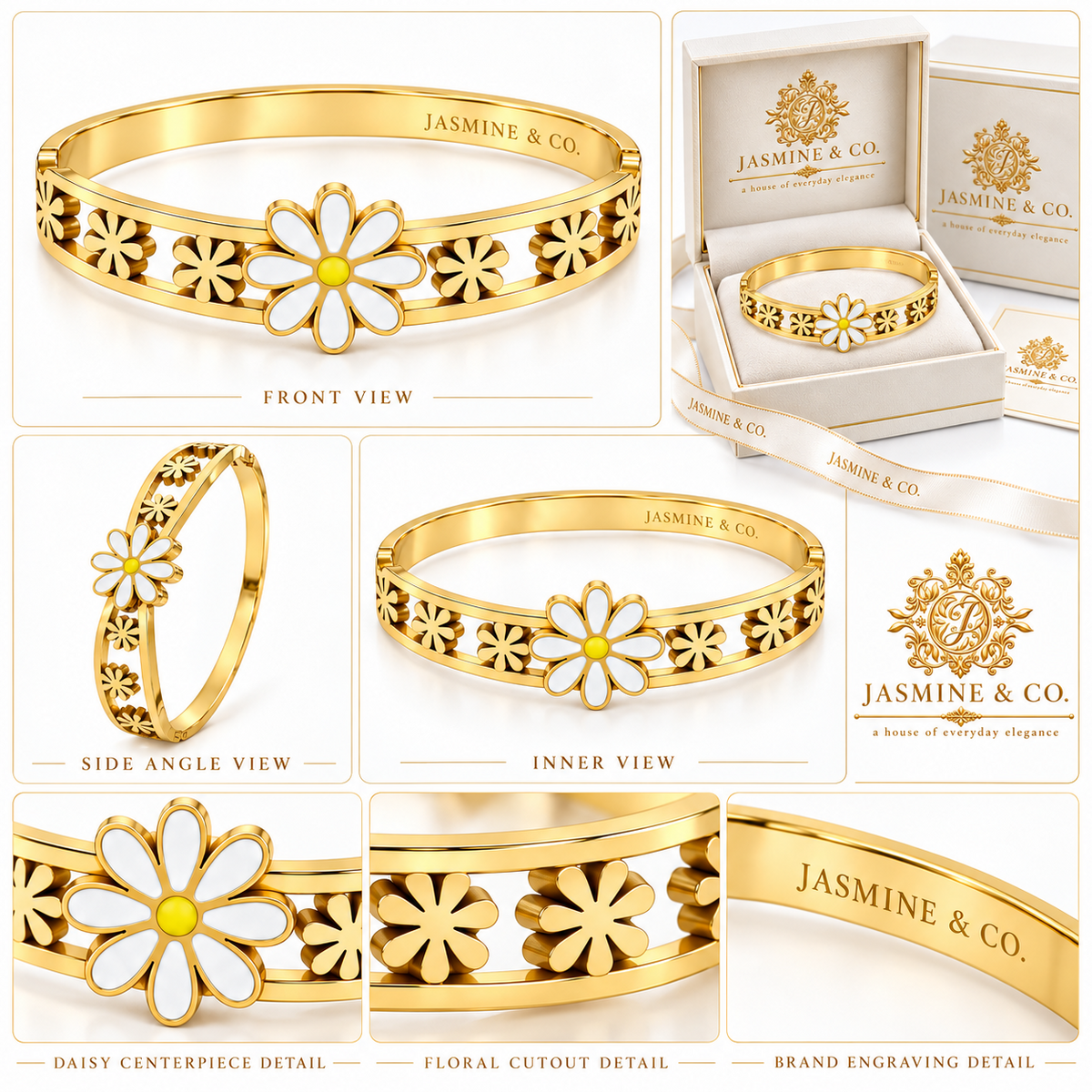 White daisy floral gold-plated bracelet – multiple angles