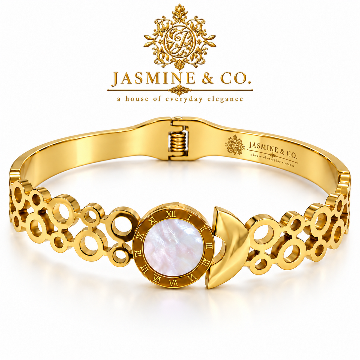 Jasmine & Co. Gold-Plated Anti-Tarnish White Stone Roman Numeral Bangle Bracelet – front and inner band view