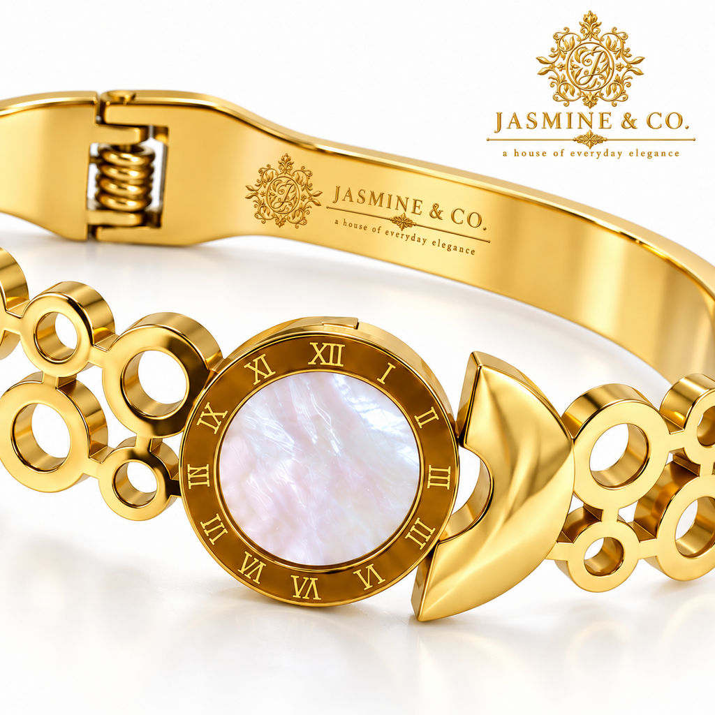 Jasmine & Co. Gold-Plated Anti-Tarnish White Stone Roman Numeral Bangle Bracelet – white stone centerpiece detail