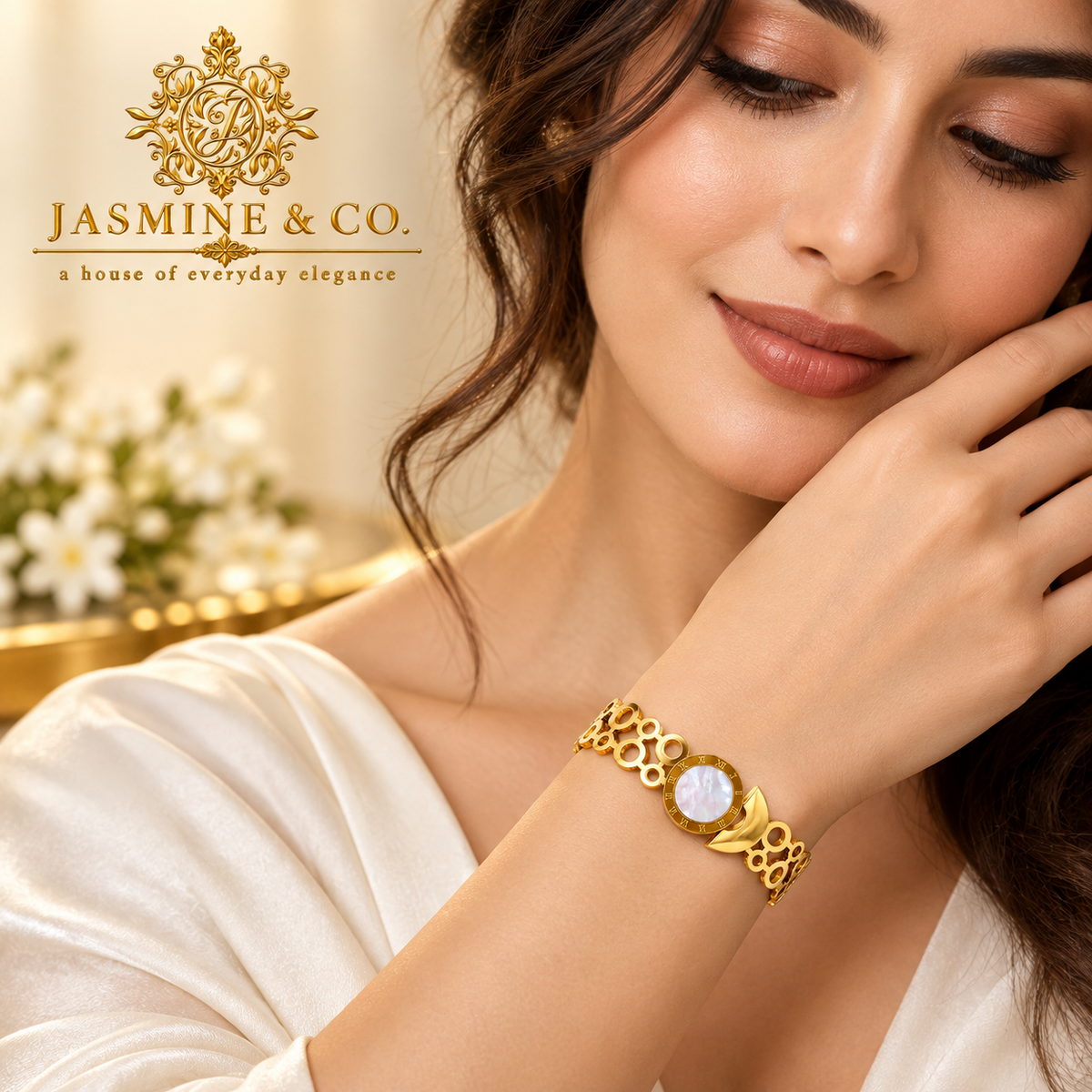 Jasmine & Co. Gold-Plated Anti-Tarnish White Stone Roman Numeral Bangle Bracelet – model wearing